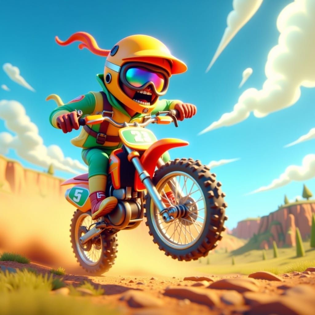 Dirt Bike Rider Mid-Jump in Whimsical 3D Animation