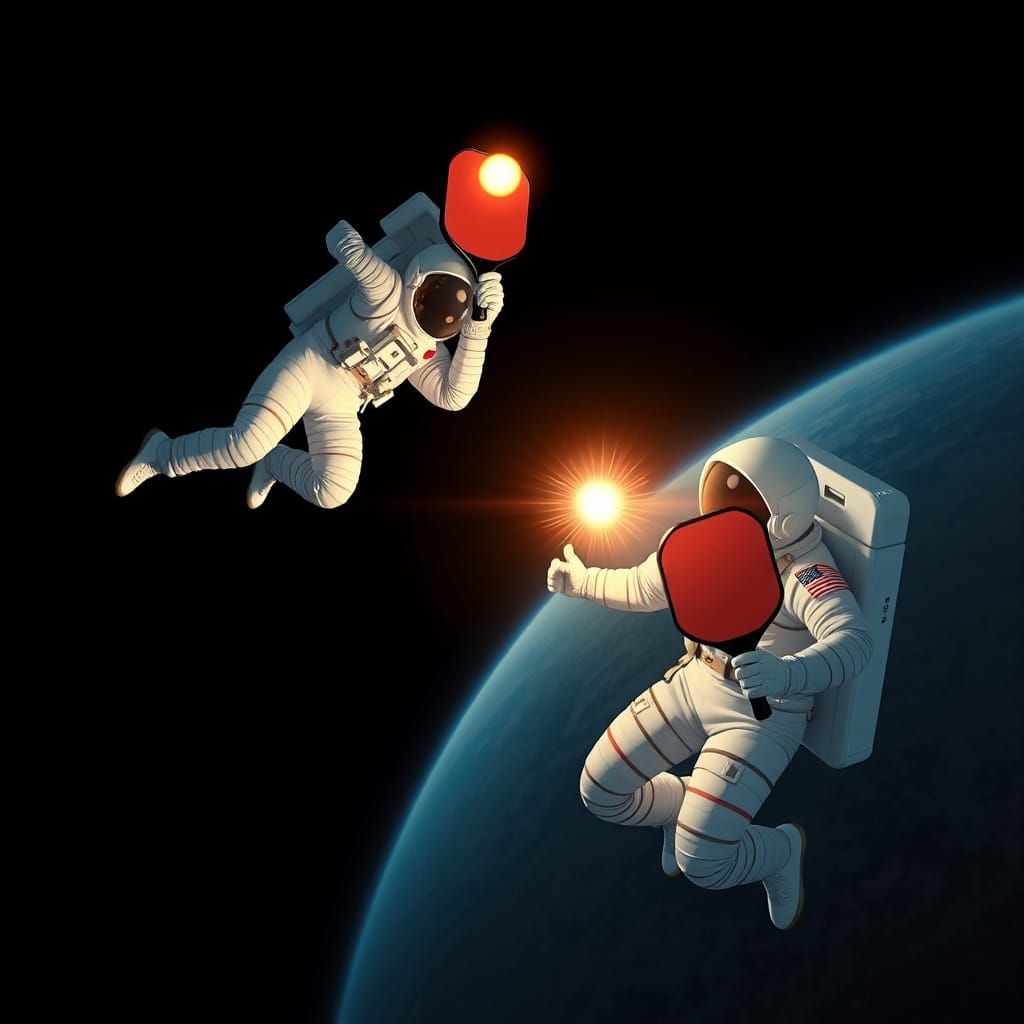 Surreal Astronauts Play Pickleball in Cosmic Zero Gravity