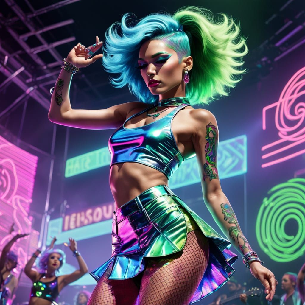 1970s Holographic Pop Star in Prismatic Dance Pose