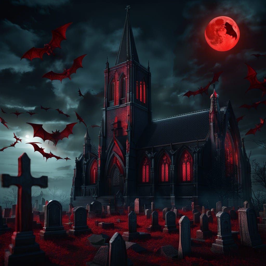 Gothic Church Under Blood Moon, Dark Fantasy Art