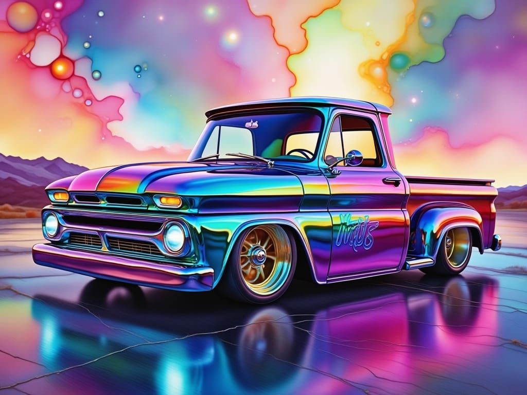 Lowrider Car in Neon Hues with Stroboscopic Effects