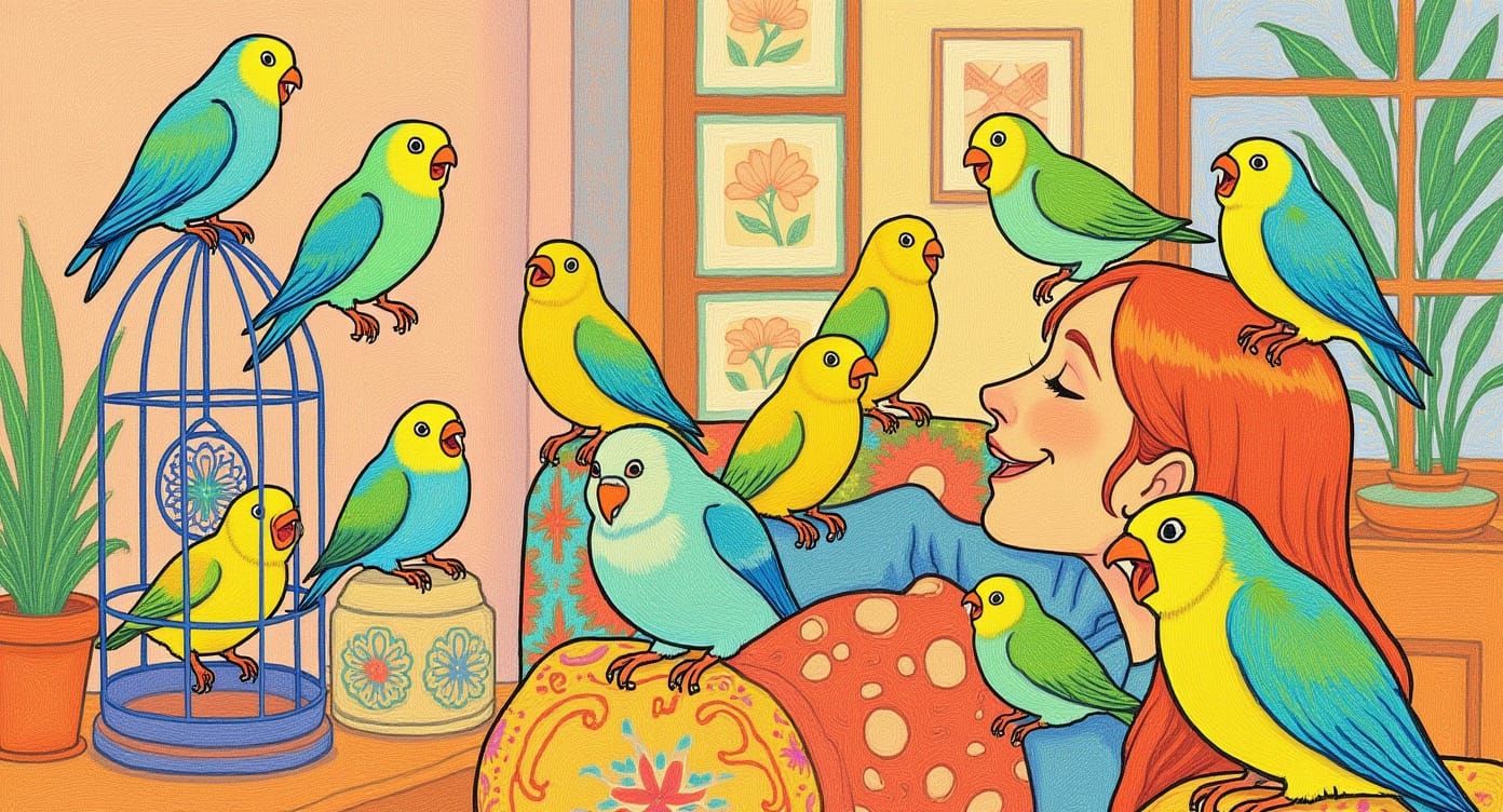Joyful Pet Birds in Cozy Home, Painterly Mixed Media