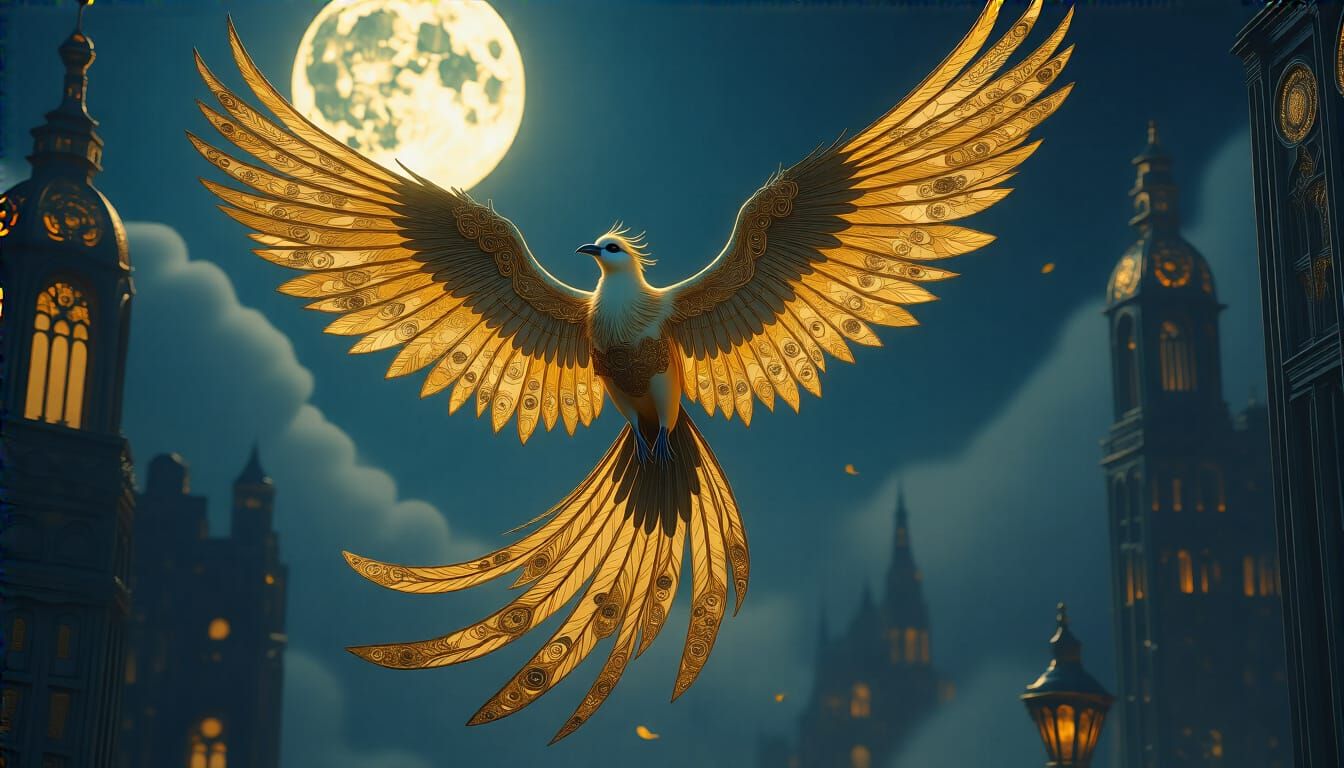 Golden Bird Soars Through Gotham in Art Nouveau Style