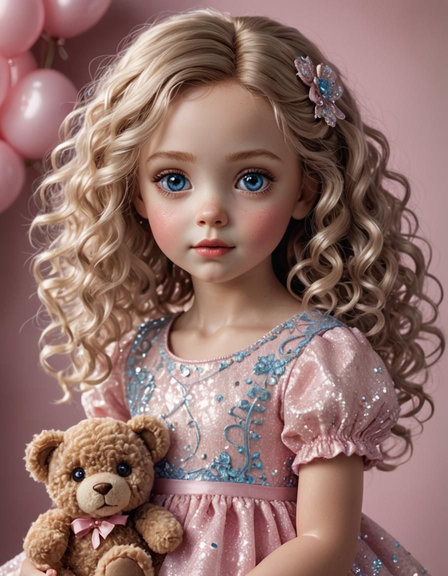A hyper-realistic digital image of an adorable sweet girl with a doll-like face, looking directly at the viewer with lar...