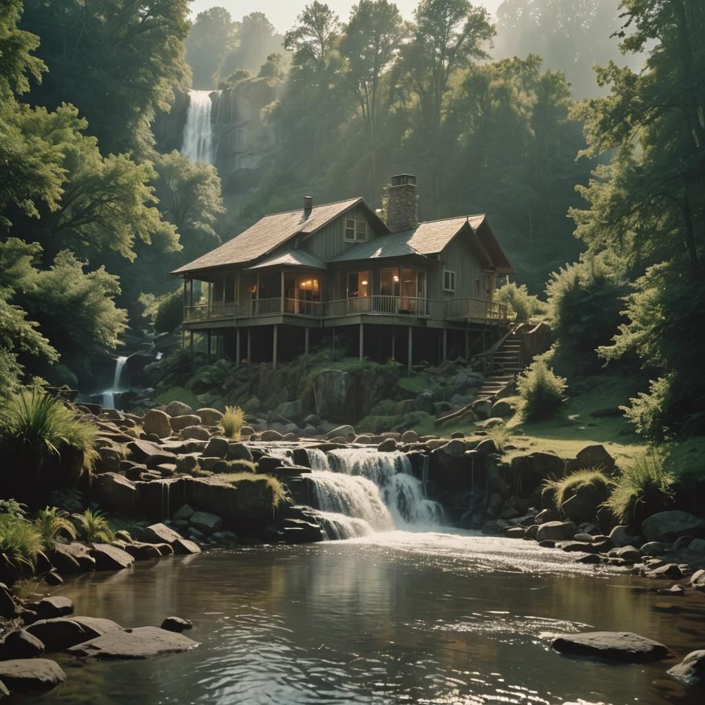 Cinematic House by Waterfall in Film Style