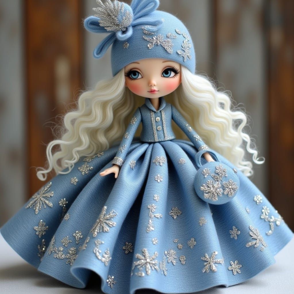 Lenci Style Doll with Silver and Blue Hair and Snowflake Hat
