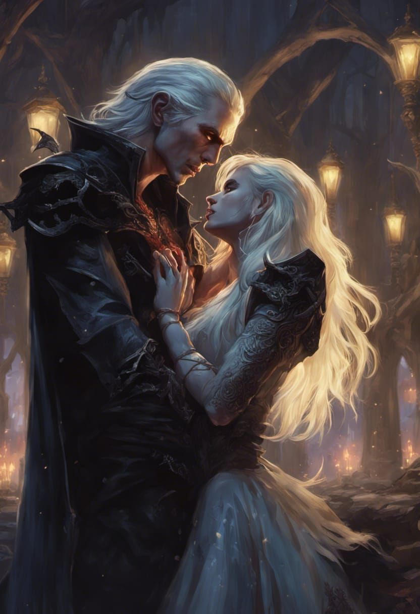 Elven Kiss in Dark Fantasy Art Nouveau Style