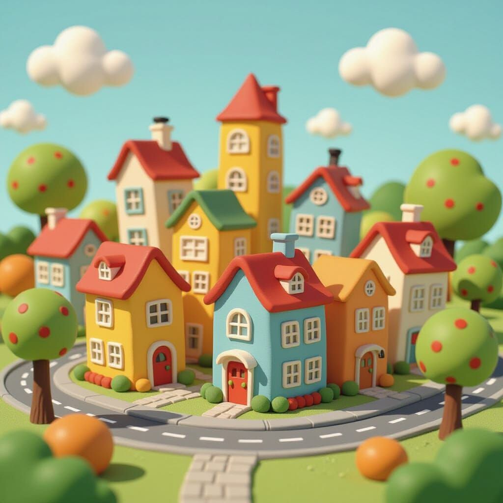 Cartoonish Clay City with Crooked Houses