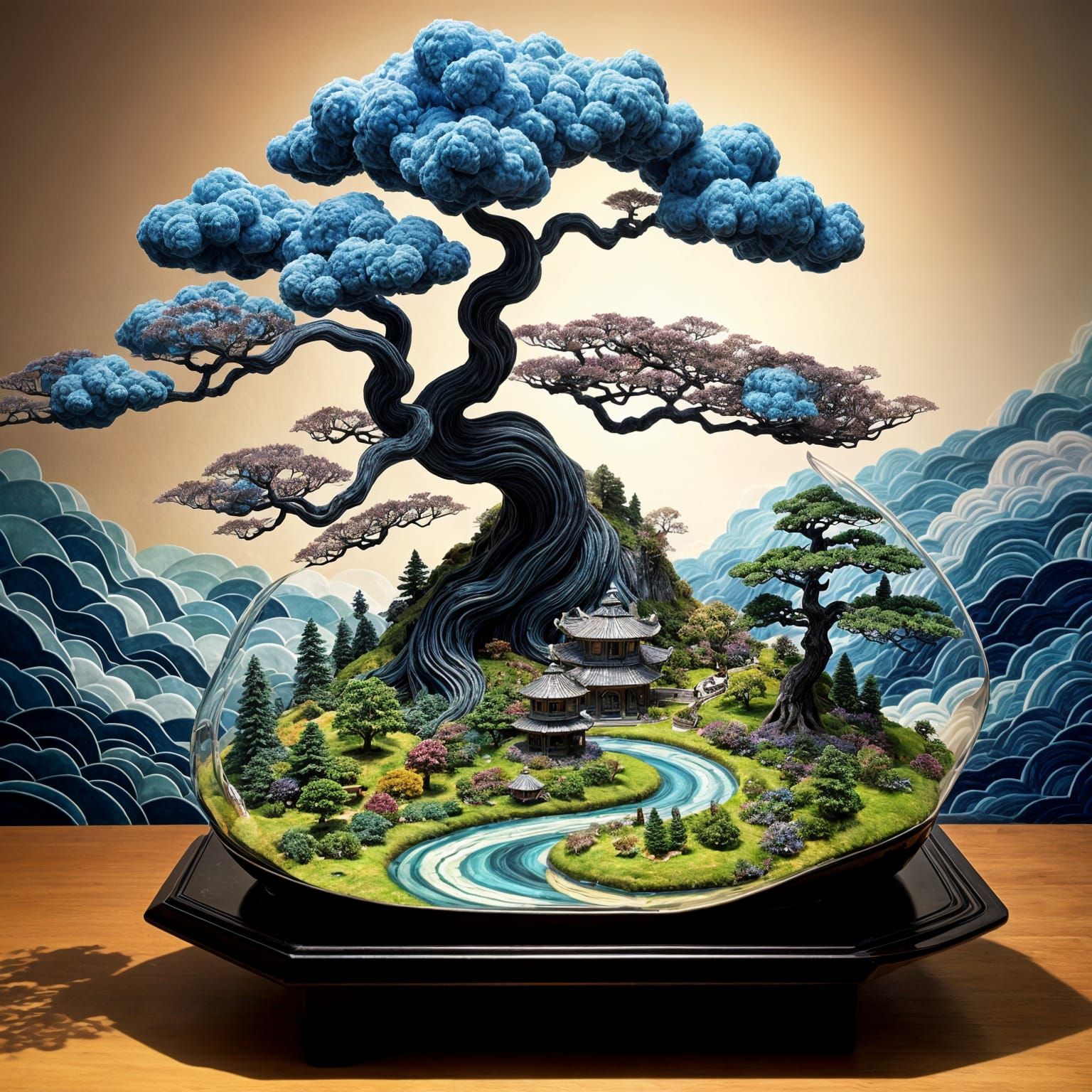 Whimsical Paper Bonsai Landscape in Dreamlike Soft Focus