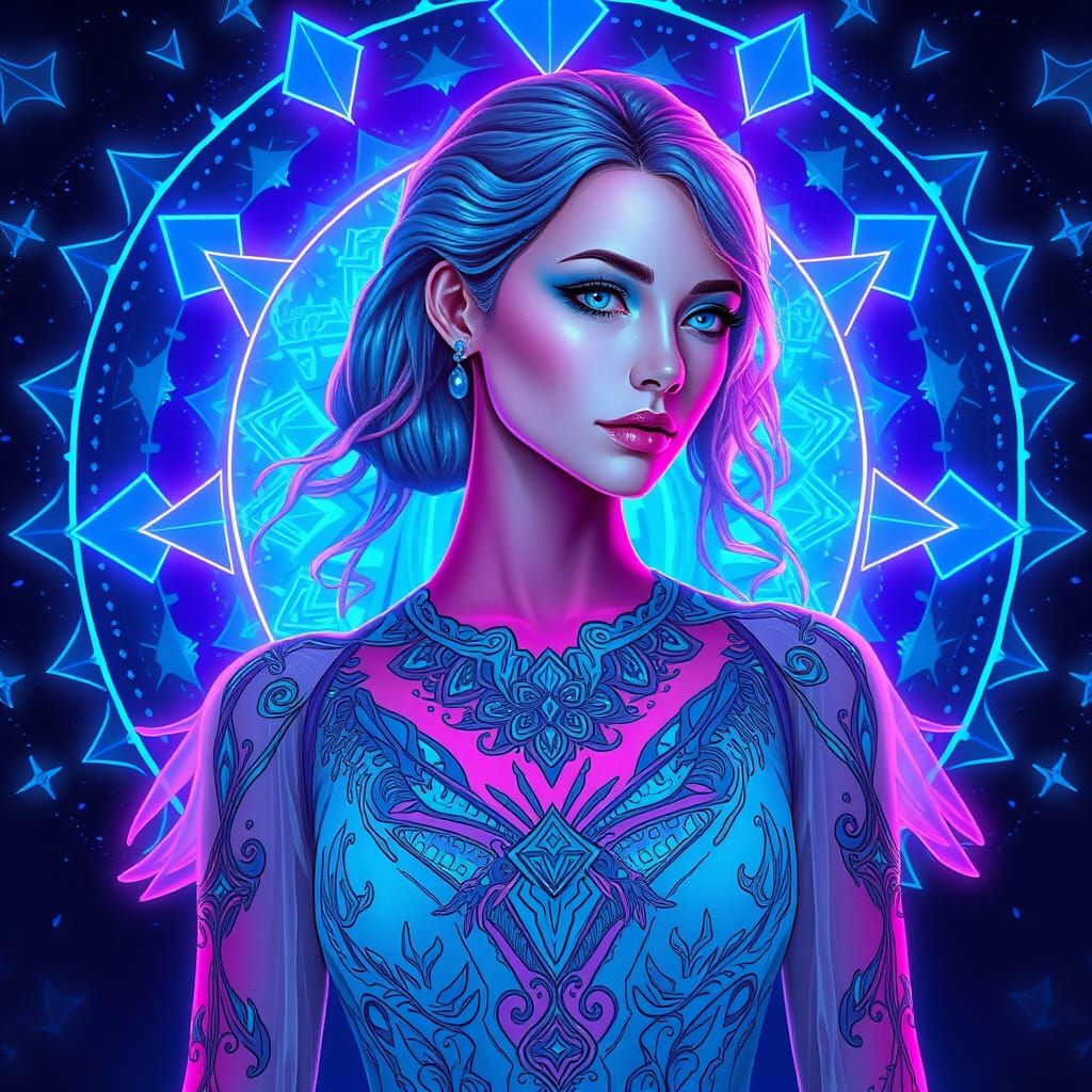 a serene pink-skinned cyberpunk goddess with an ethereal aur...
