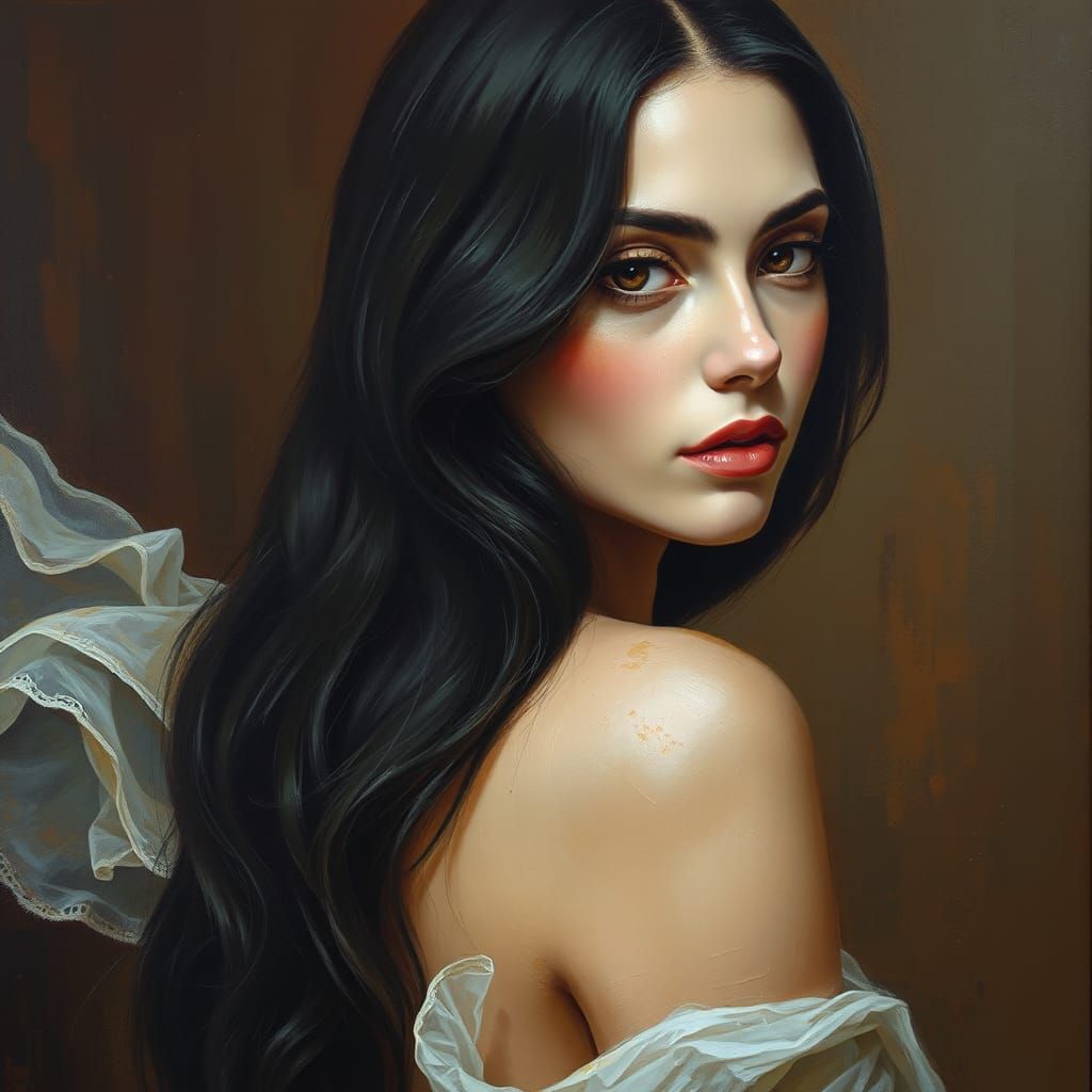 Ravishing Woman with Organza Scarf: An Impasto Oil Painting