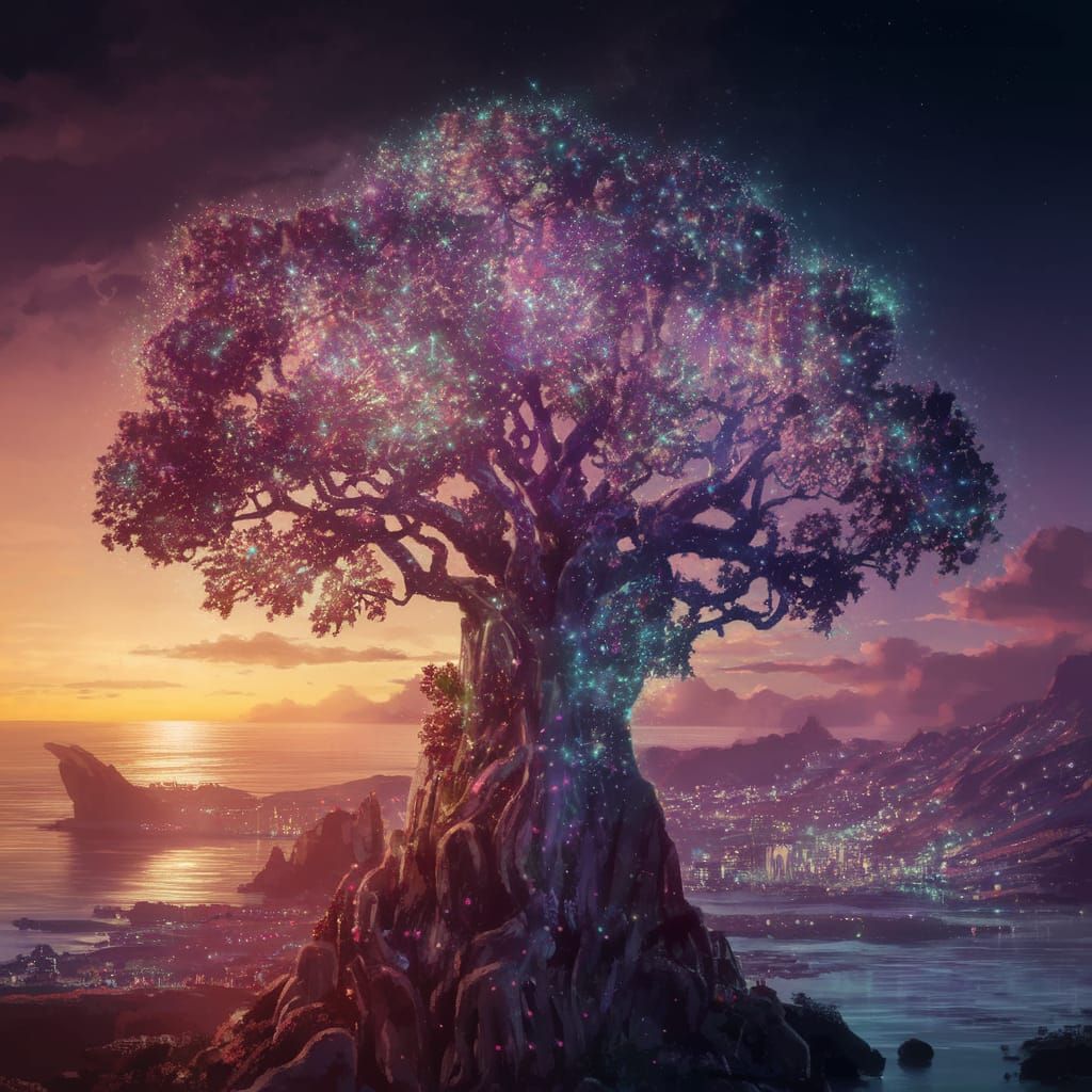 Ethereal Eywa Tree Illuminated by Vibrant Fractals
