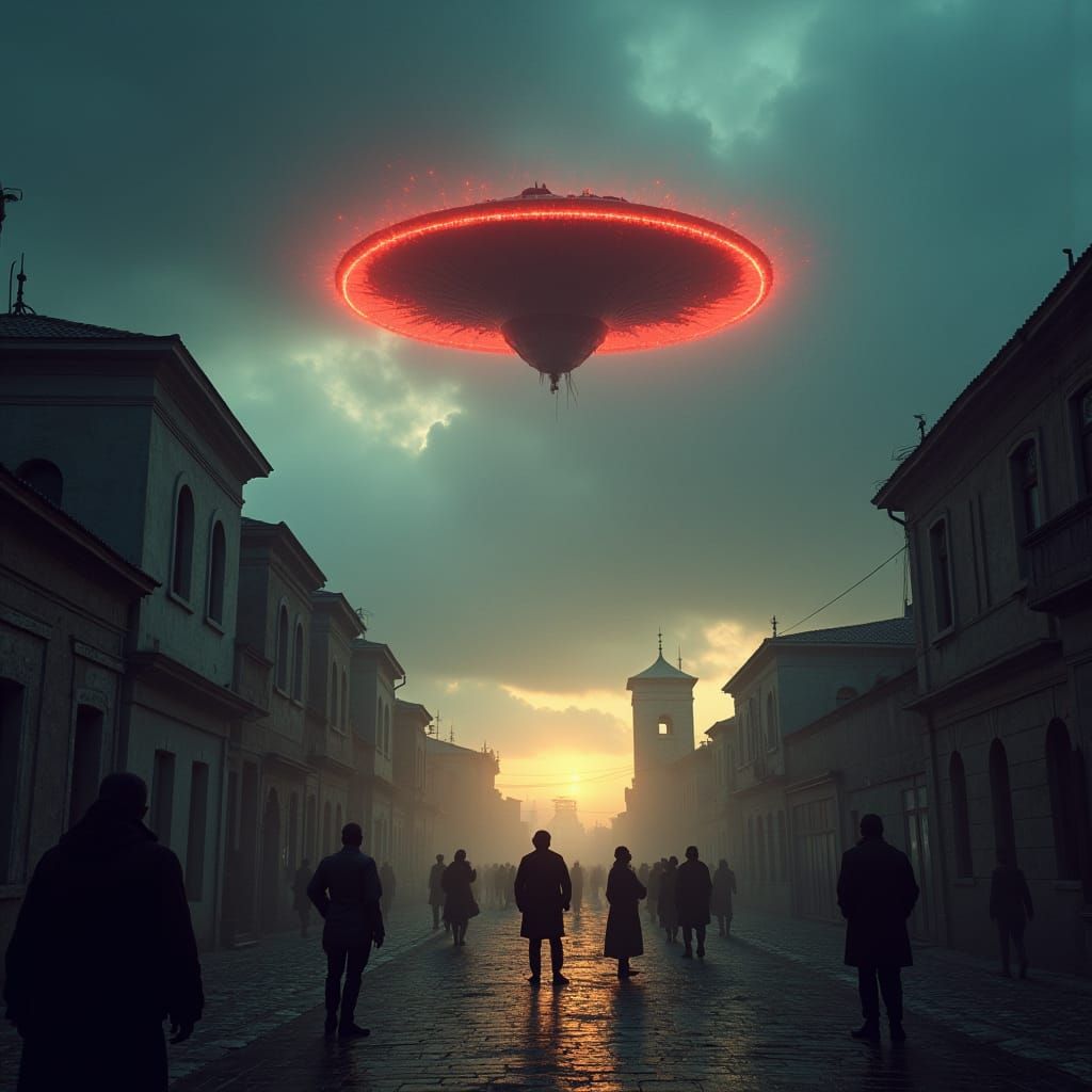 UFO Over 1800s City in Steampunk Style