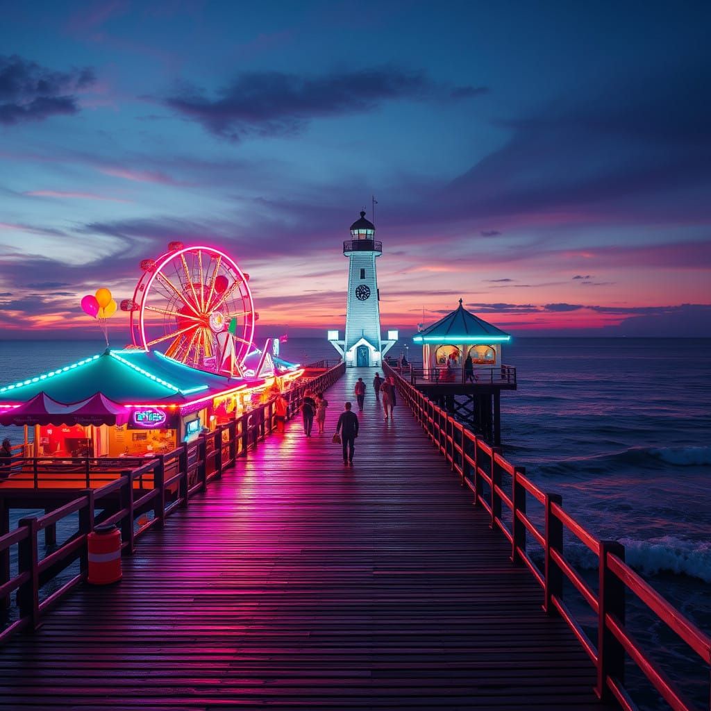 Retro Futuristic Seaside Amusement Park at Dusk