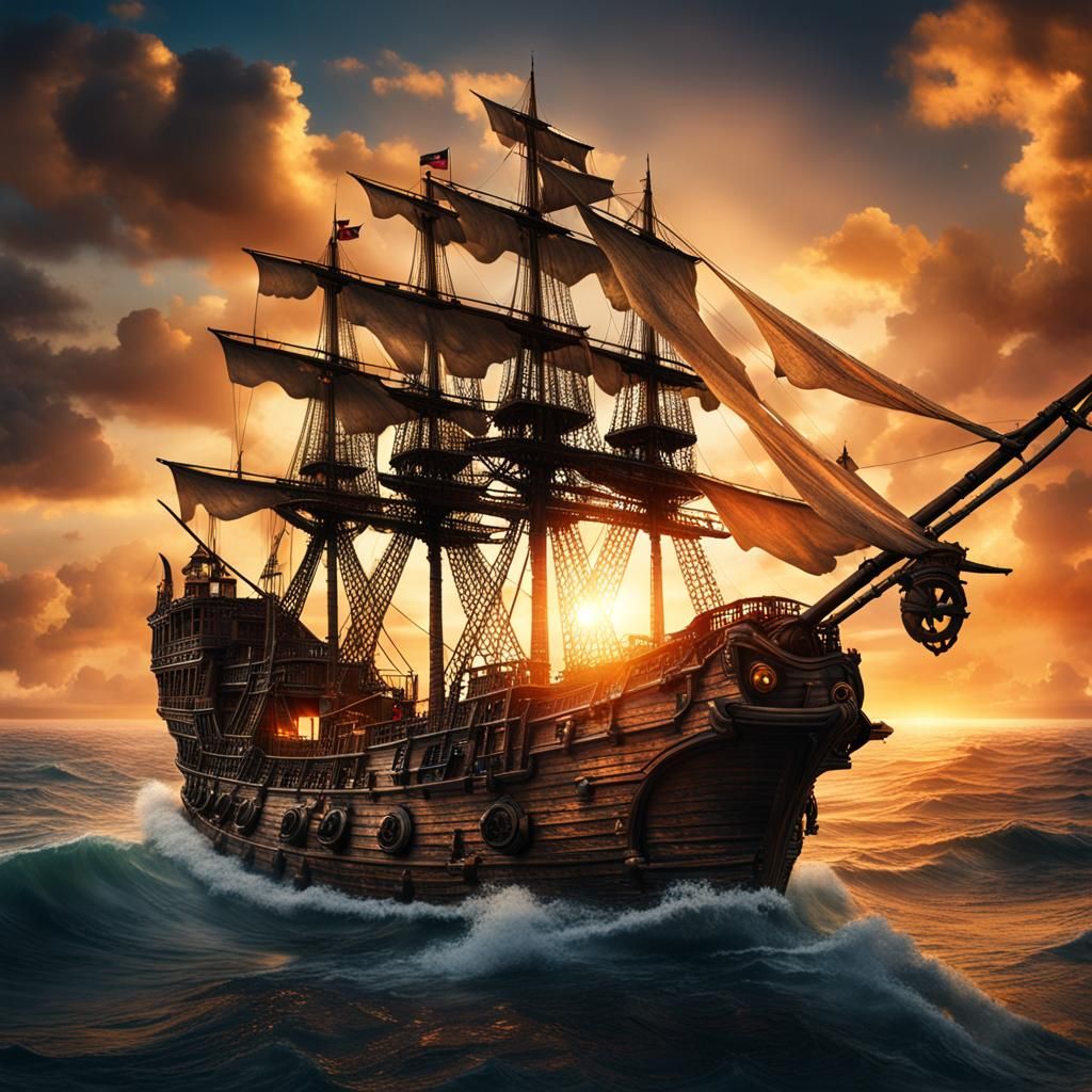 Pirate Ship at Sunset: Hyperrealistic Seascape
