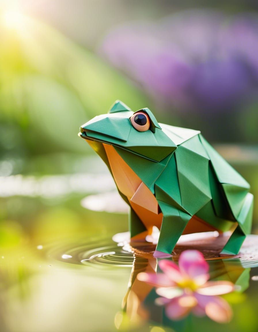 Bright Origami Frog by Pond with Bokeh