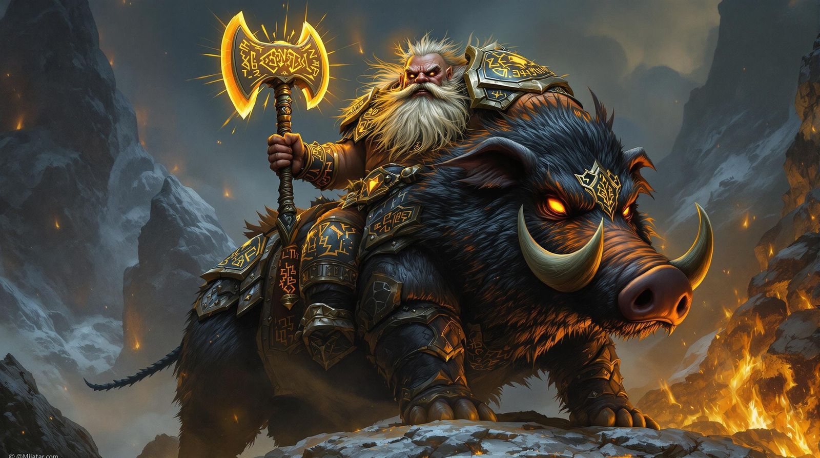 Dwarf Warrior Rides Colossal Black Boar, Radiant Armor Glowi...