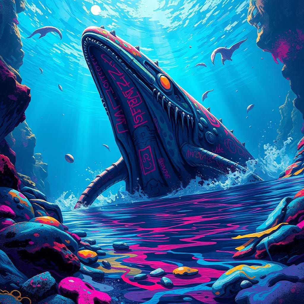 Subnautica the lost river, laviathan, graffiti art, splash a...