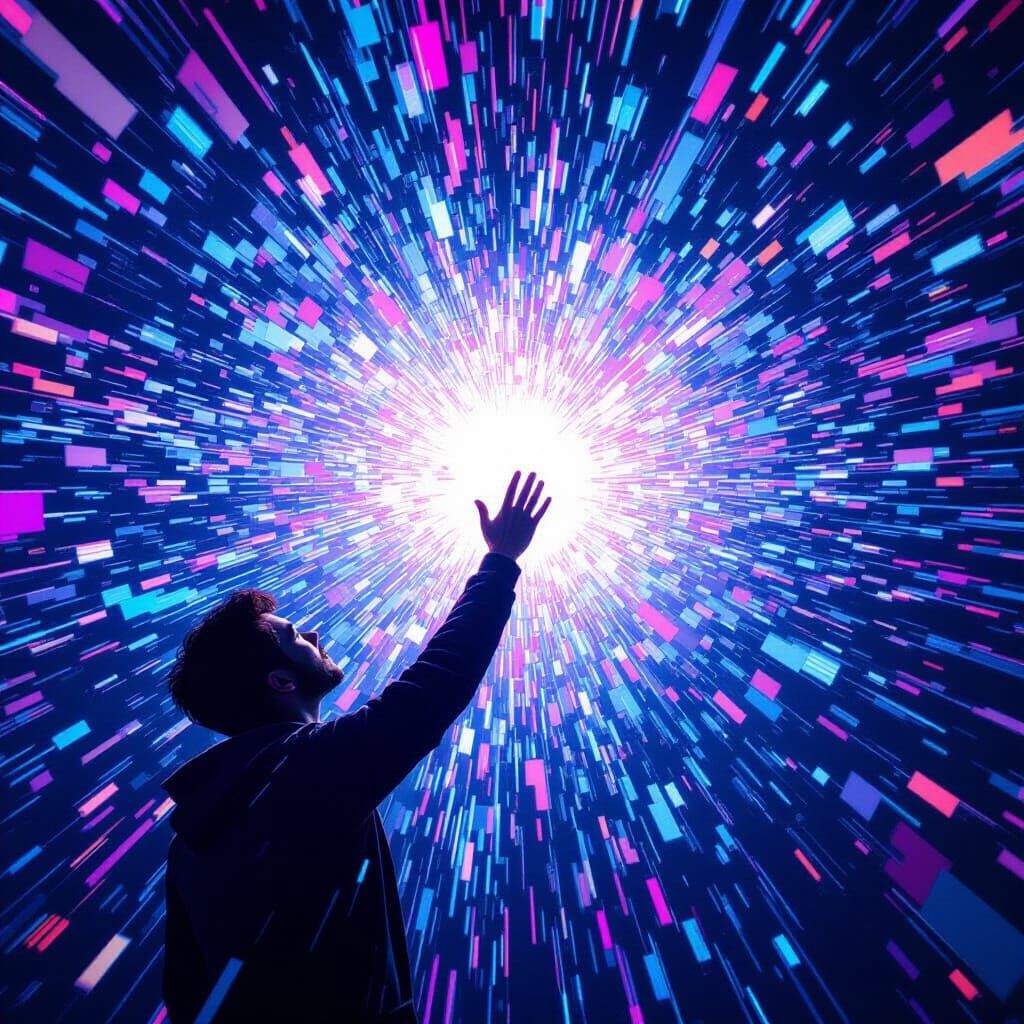 Man Reaches for Divine Light in Glitch Art Style