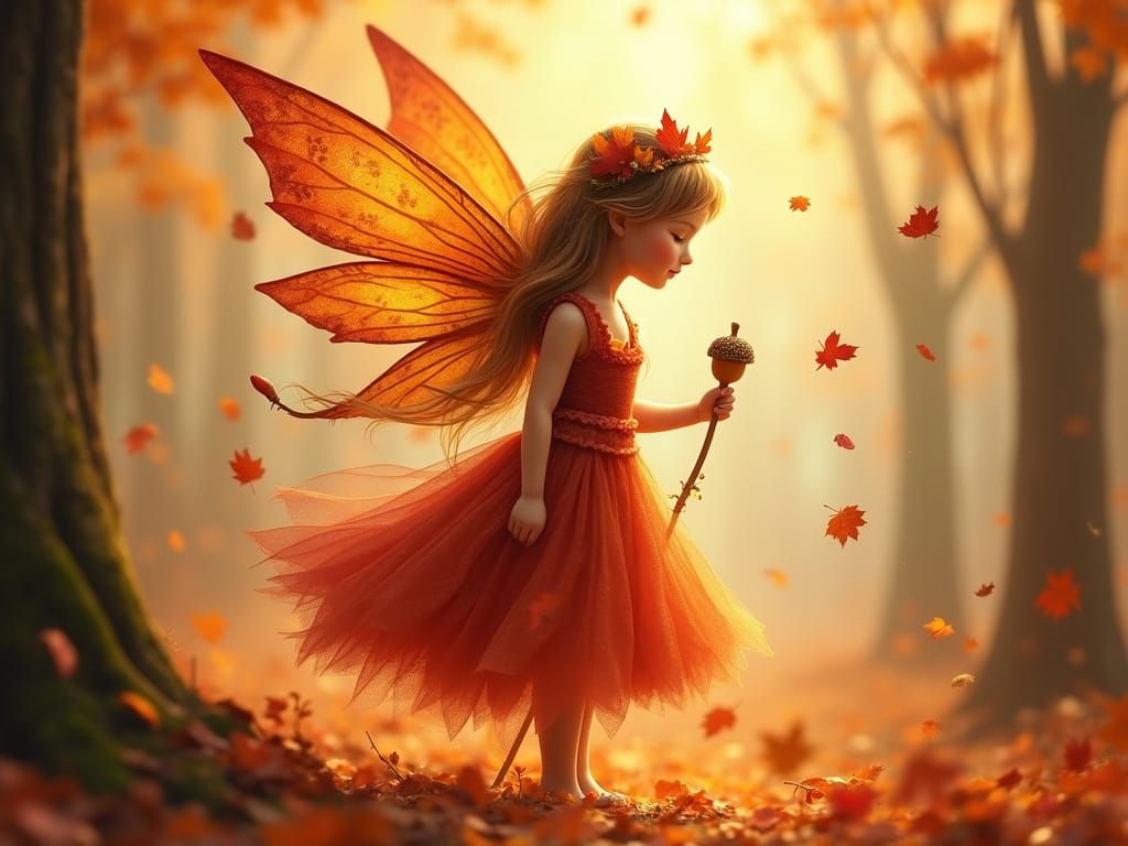 Ethereal Autumn Fairy Amidst Falling Leaves