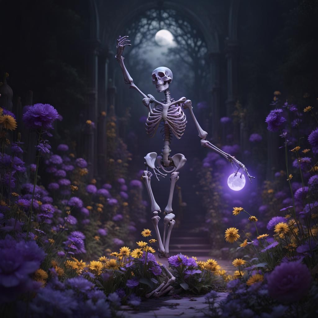 Skeleton Dances in Moonlit Garden: Dark Fantasy Art