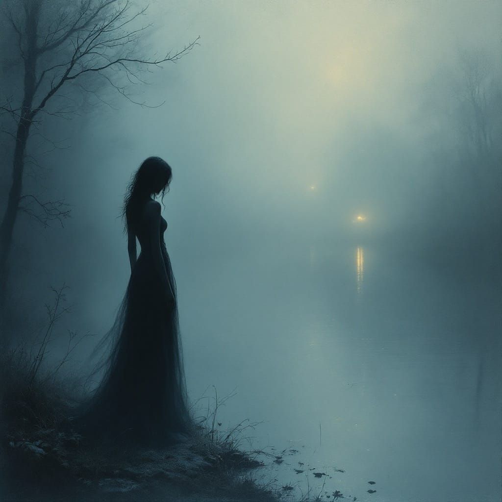 Mysterious Woman at River's Edge in Eerie Fog