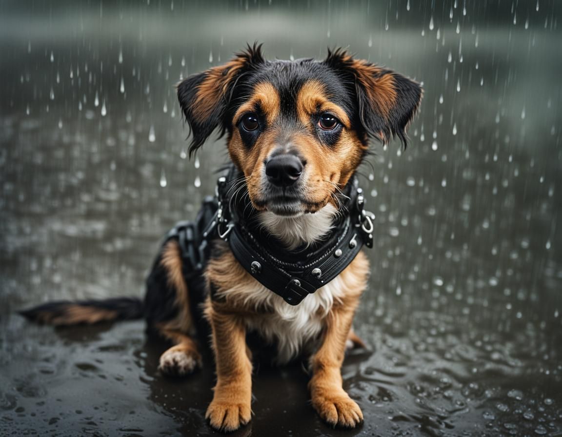 Sad Dog in Rain: Realistic Photographic Portrait