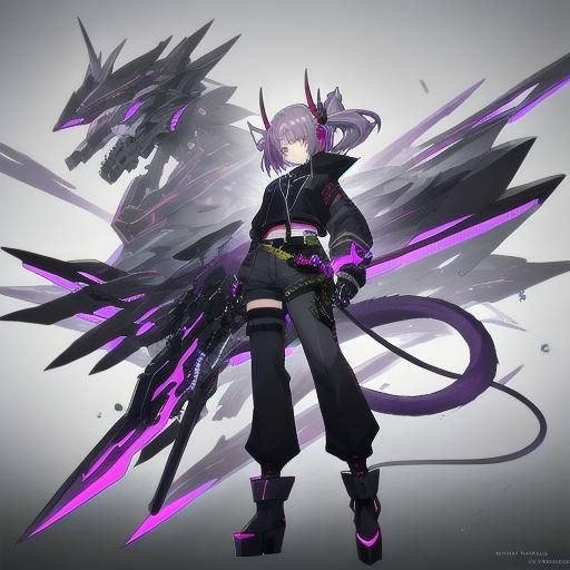 Anime Swordswoman with Dragon Tail and Mecha Horns