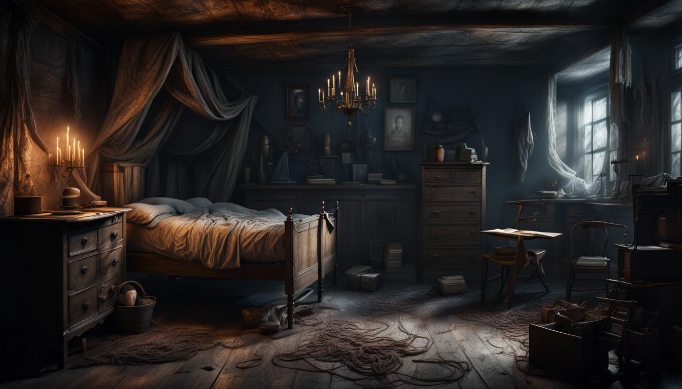 Eerie Dark Attic with Cobwebs: Detailed Matte Painting