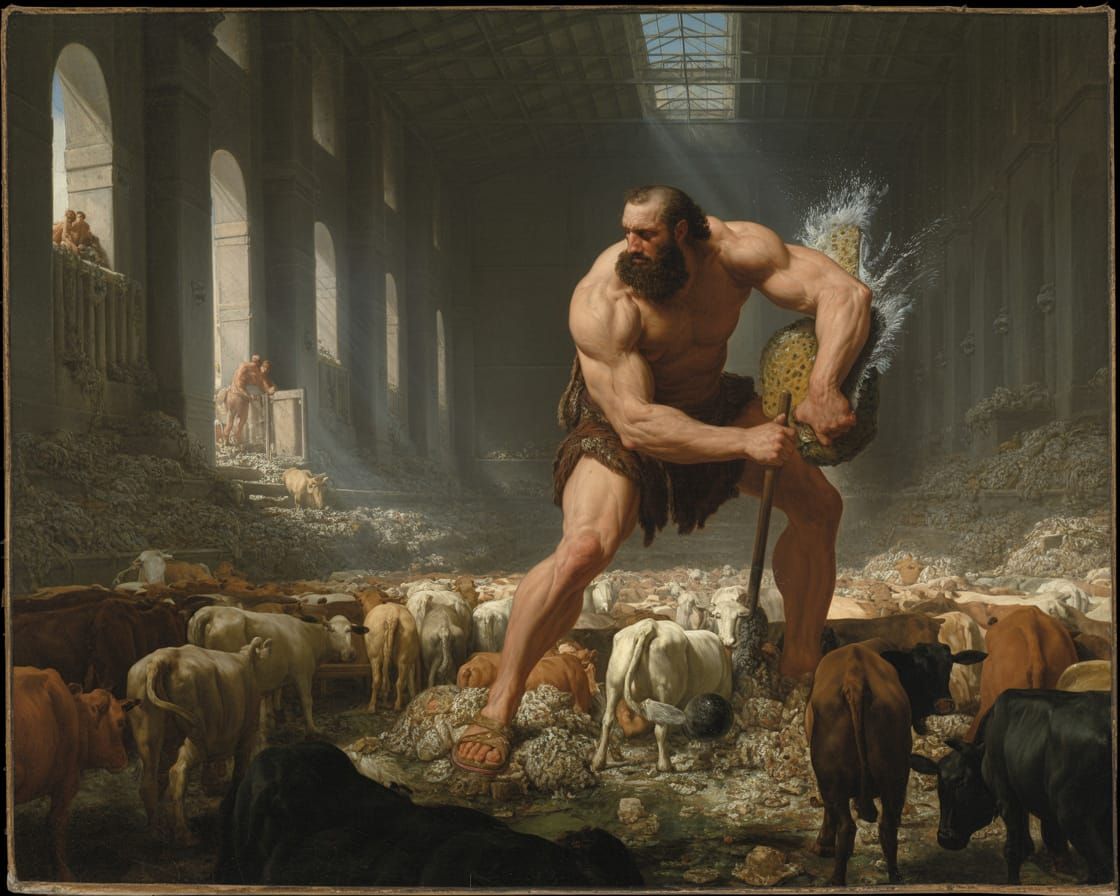 Hercules Cleans Augean Stables in Dramatic Painting
