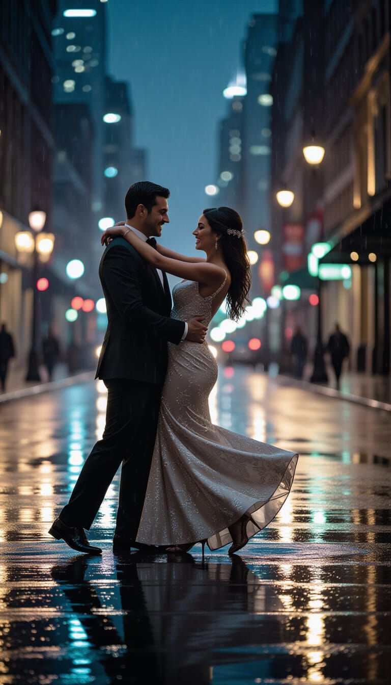Couple Dancing in Rain-Slicked City Street at Night