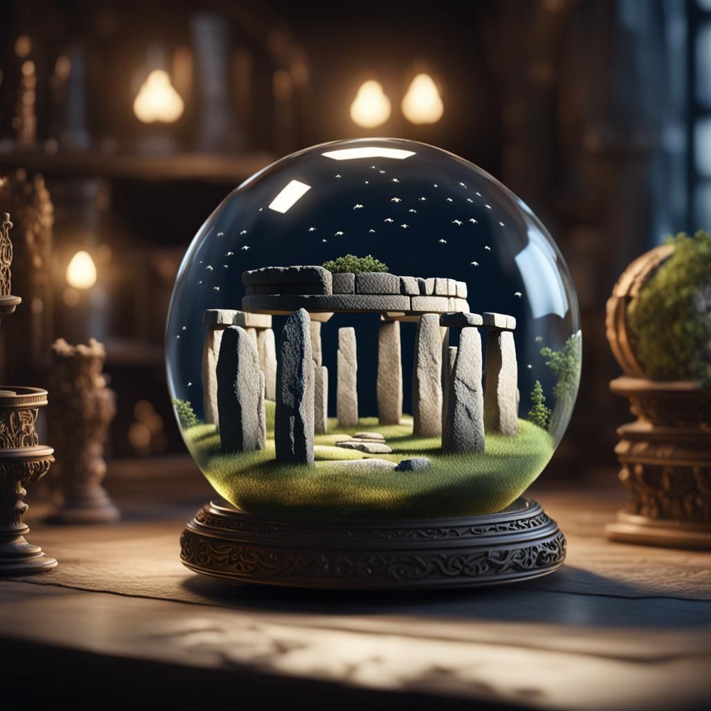 Stonehenge in Glass Orb: Hyperrealistic Concept Art