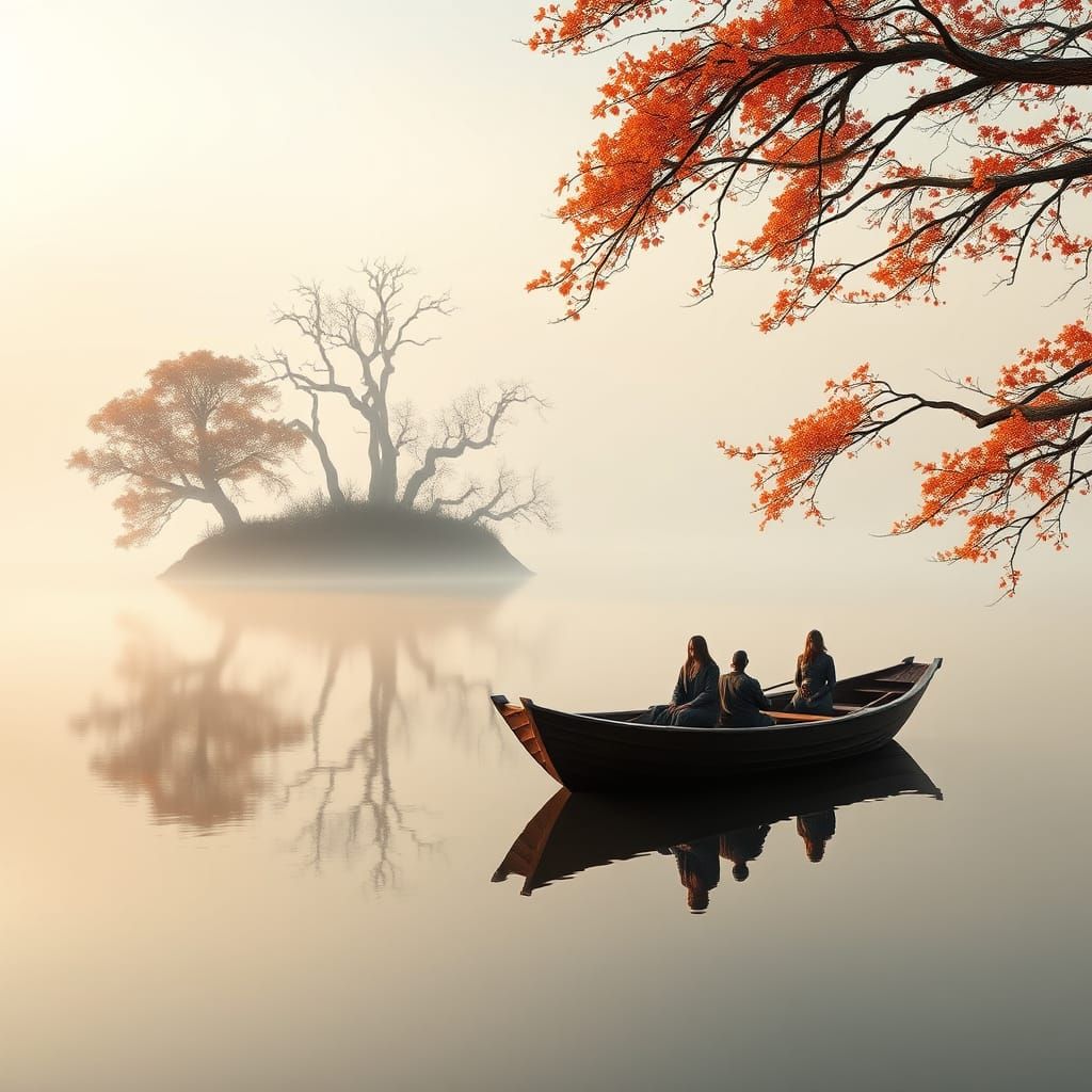 Misty Lake Serenity: Boat in a Tranquil Landscape