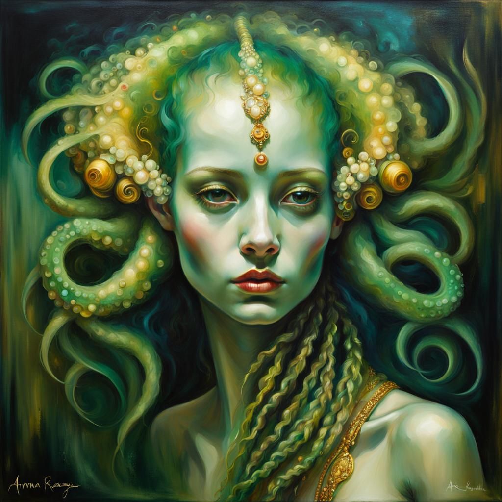 Beautiful Green Alien Portrait in Oil Painting Style