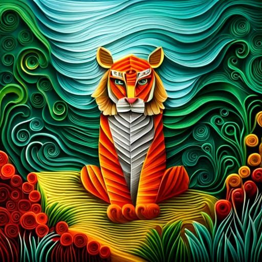 Quilled Tiger in Surreal Fairy Tale Landscape