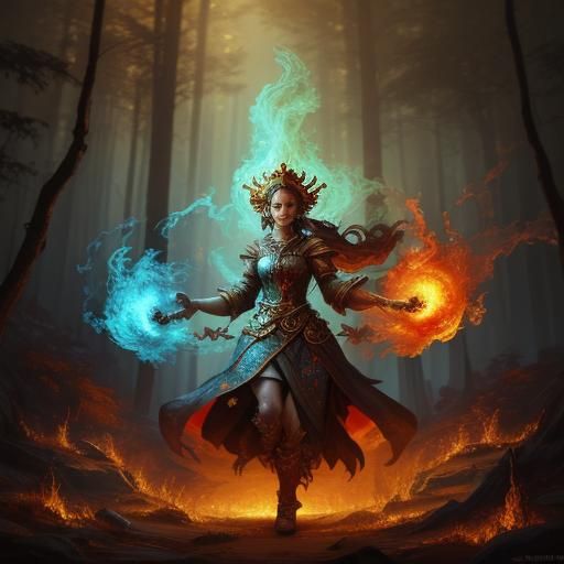 Fire Elemental Girl in Mystical Forest