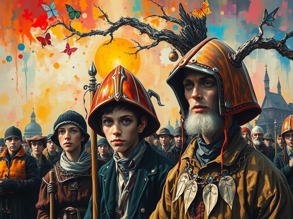 Medieval Unwashed Peasants in Whimsical Oil Painting