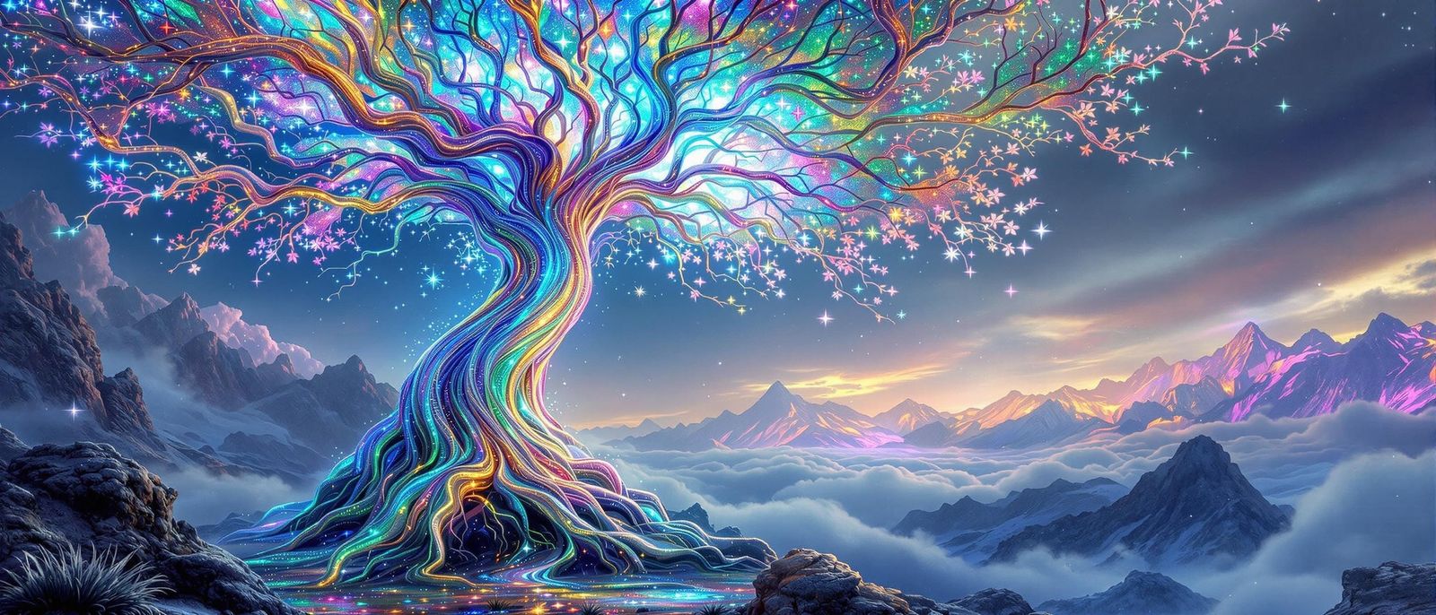 Surreal Tree Rises from Dreamlike Landscape in Iridescent Co...