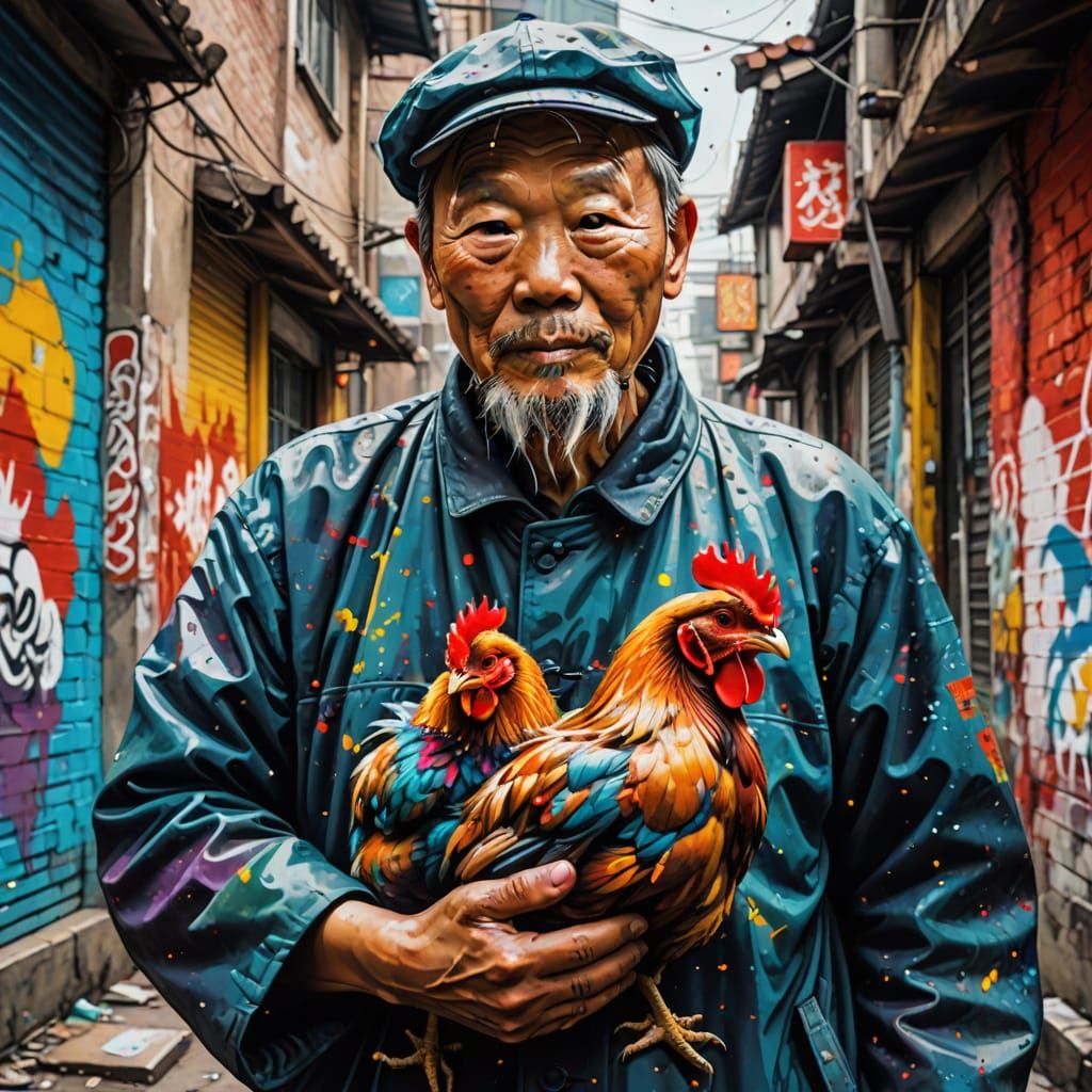 Chinese Man with Chicken in Urban Graffiti Art