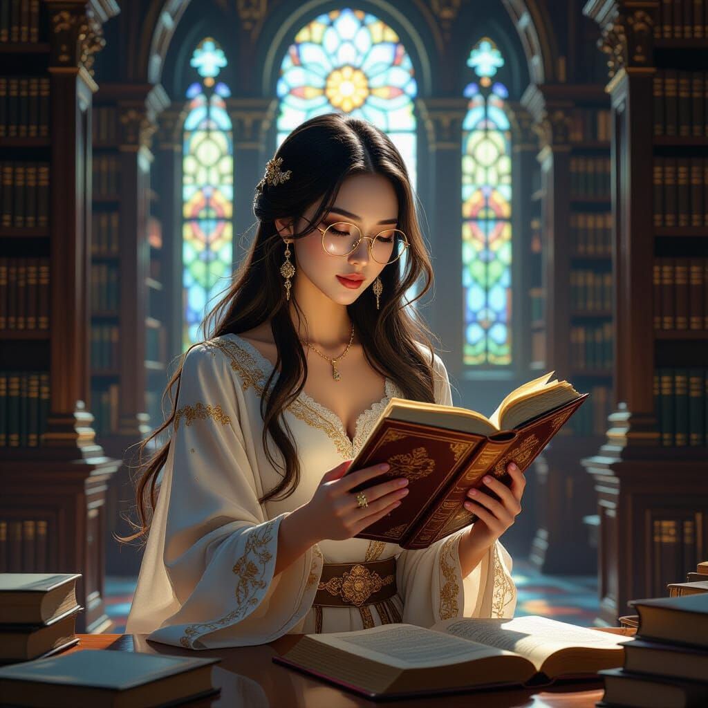 Woman Reading in Library, Art Nouveau Style