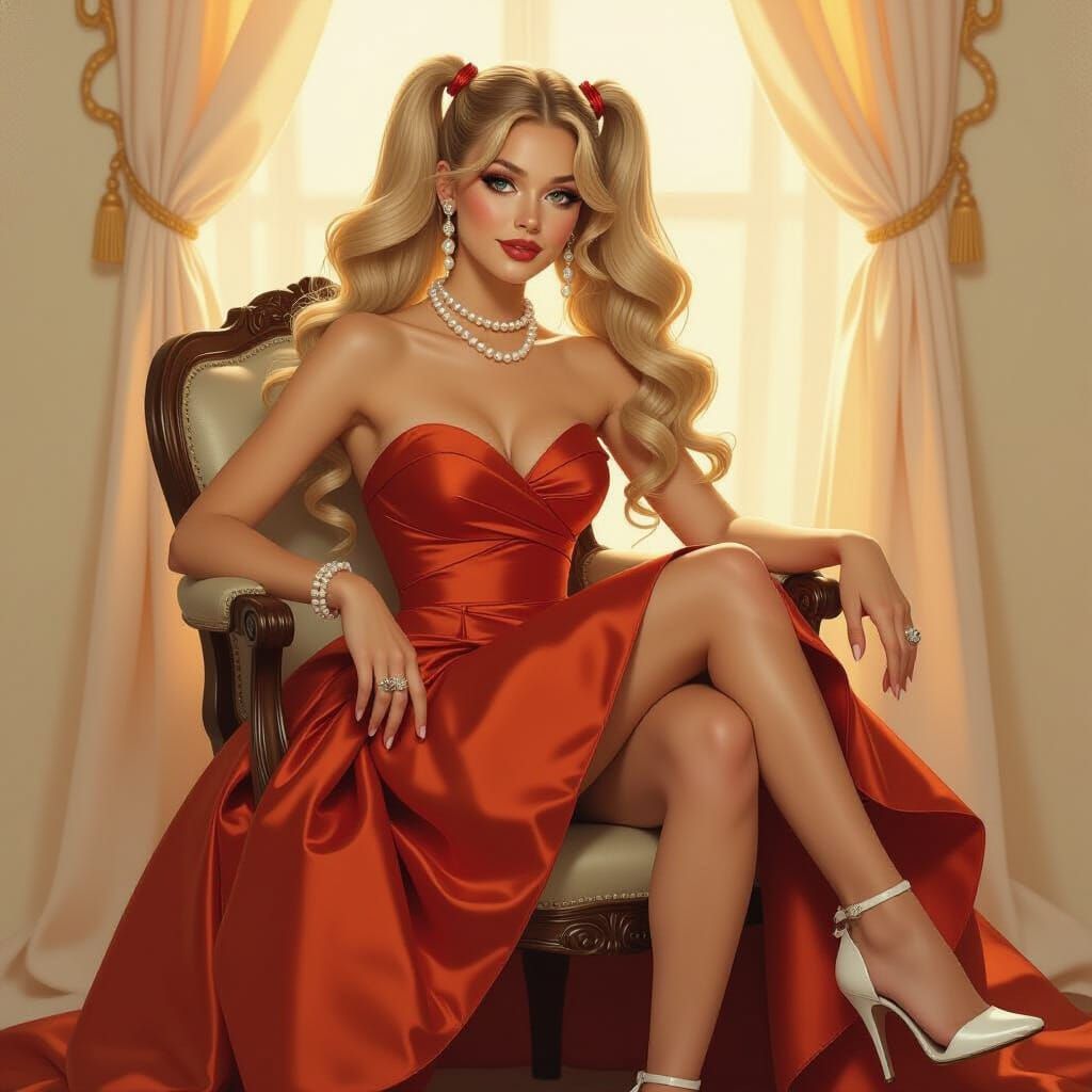 Blond Woman in Rust Prom Dress with Pearl Jewelry