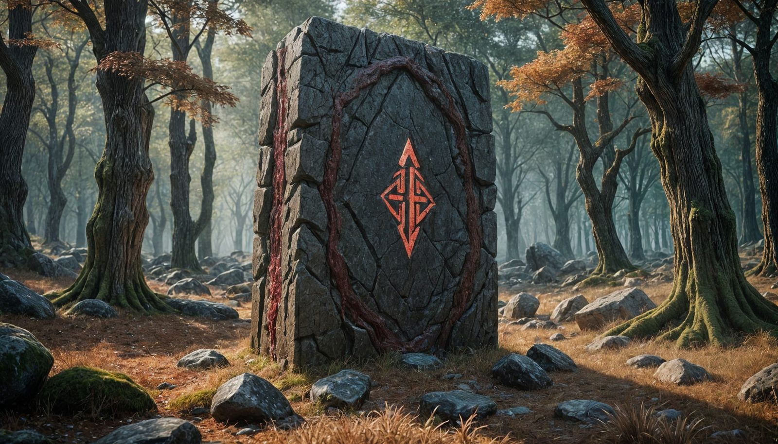 Hyper-Realistic Fantasy Monolith in a Red Wet Forest