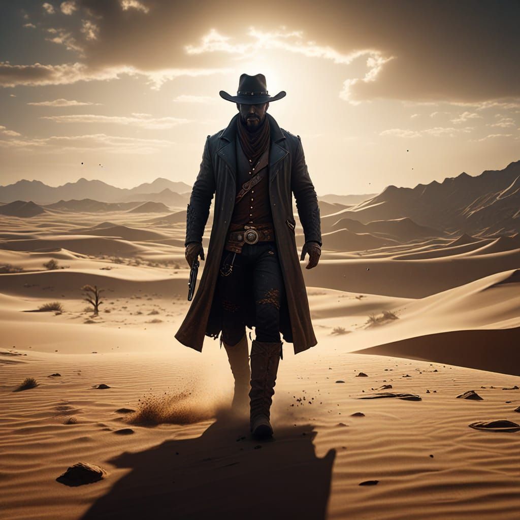 Massive Western Outlaw in Dusty Desert at Sunset