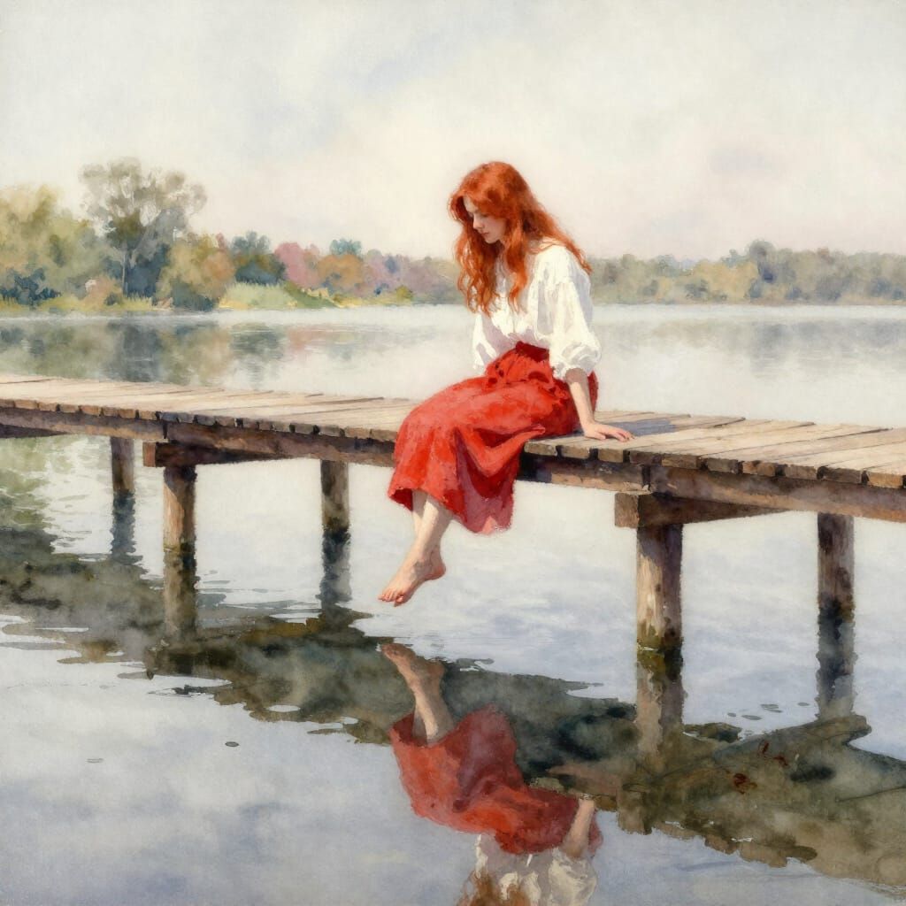 Woman on Bridge Over Lake in Watercolor Style