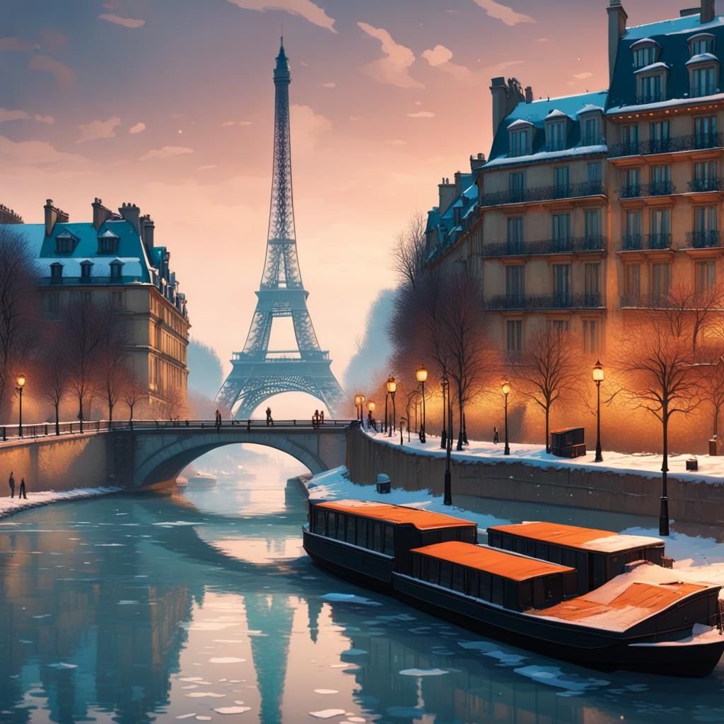 Winter Snowfall in Paris: Art Nouveau Style