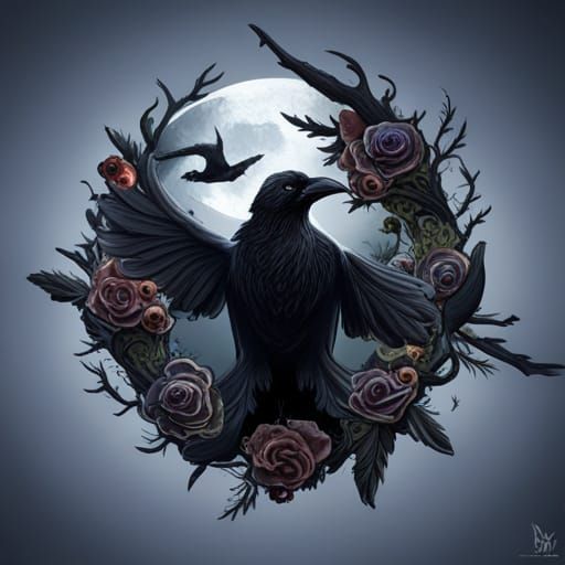 Raven and Skull Tattoo Style Illustration