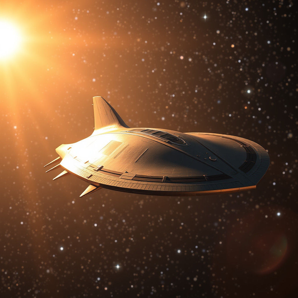 majestic, sleek starship, its hull resembles the gentle curves of a manta ray navigates through the sunny space near a s...