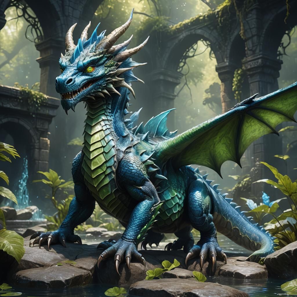 Blue Scaled Dragon Rising from the Depths