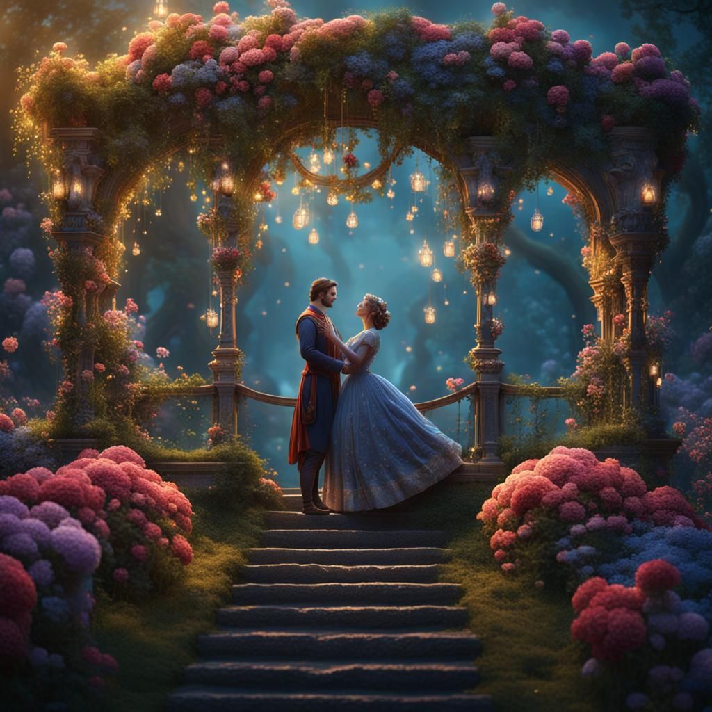 Romantic Couple on Swing in Magical Garden
