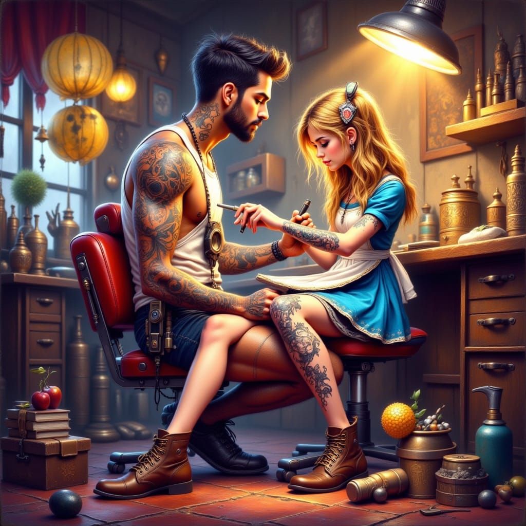 Stylized Digital Artwork of Tattoo Artist Giving Tattoo in C...